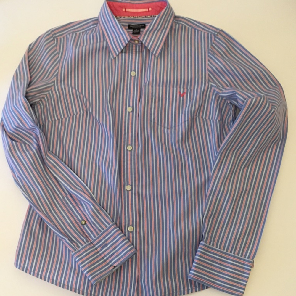 AEO womens fitted cotton striped button shirt sz 8